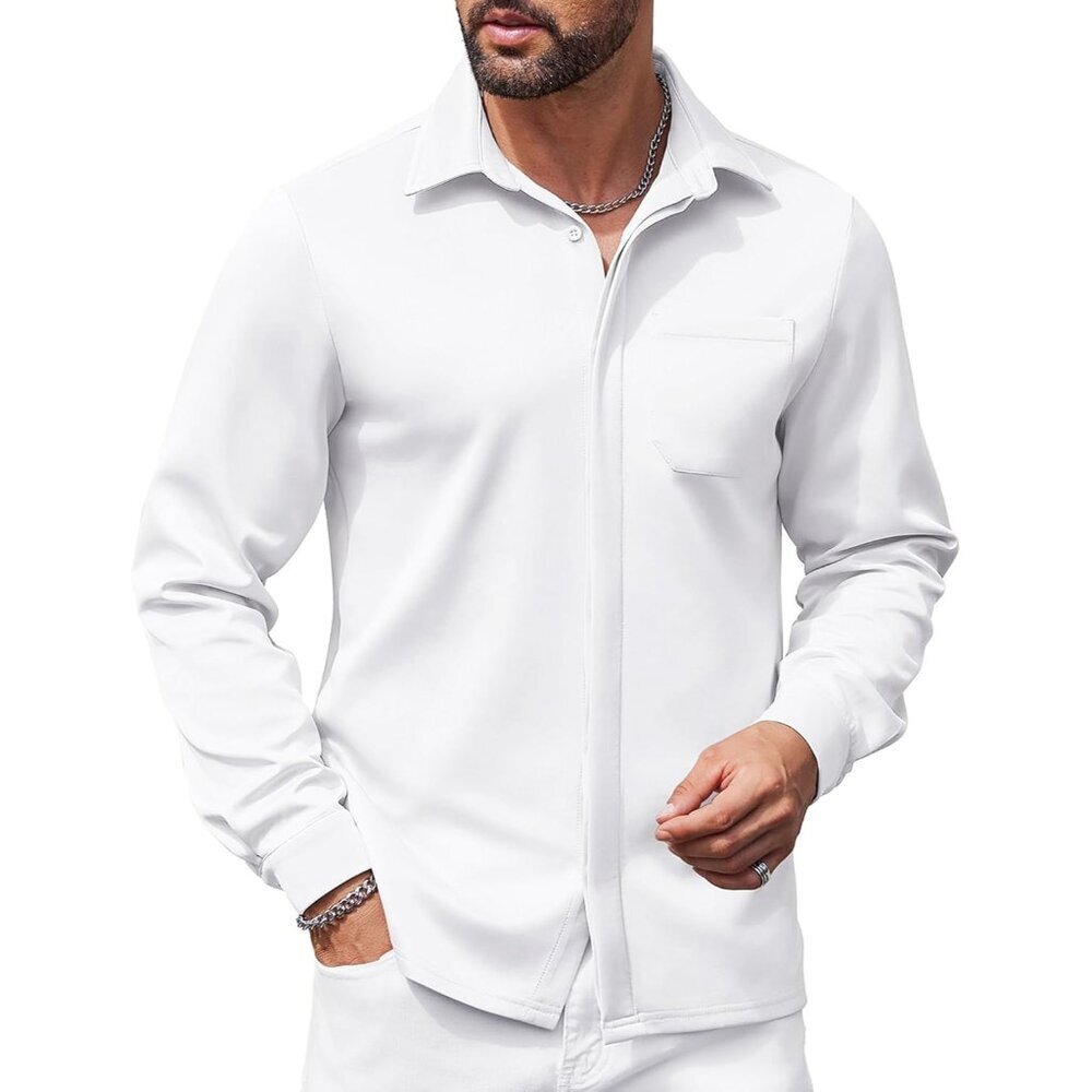 White Men's Long Sleeve Wrinkle Free Casual Button Down Untucked Dress Shirt